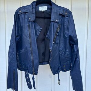 Nicole Miller Metallic Cropped Moto Jacket - Blue